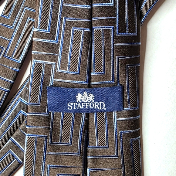 STAFFORD Geometric Brown and Blue Men's Silk Tie - Picture 7 of 8